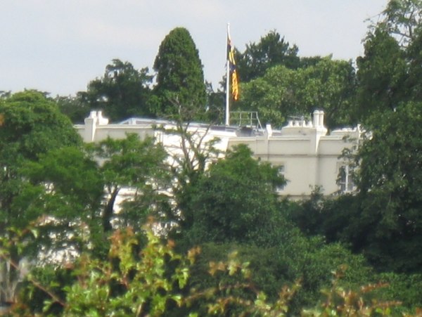 The banner of the Duke of York can be seen on a flagpole atop Royal Lodge in 2008