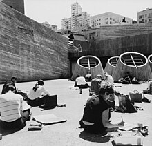 San Francisco Art Institute roof with art students painting and drawing