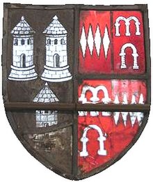 Arms of Sapcote Sable, three dovecotes argent impaling Dinham Gules, four fusils in fess ermine (quartering Arches Gules, three arches argent), Bampton Church, Devon SapcoteImpalingDinhamBamptonChurchDevon.JPG