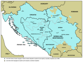 Terület, ahol a szerb-horvát nyelv nyelvi változatát beszélik (kék színnel)