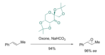 Beispiel für eine Shi-Epoxidierung mit einem Shi-Katalysator auf Basis von ᴅ-Fructose. Das Alken wird stereoselektiv und mit hohem Enantiomerenüberschuss in das Epoxid überführt