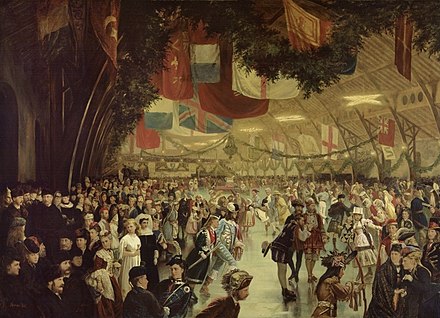 Painting by William Notman of a skating carnival at the Victoria Skating Rink in Montreal