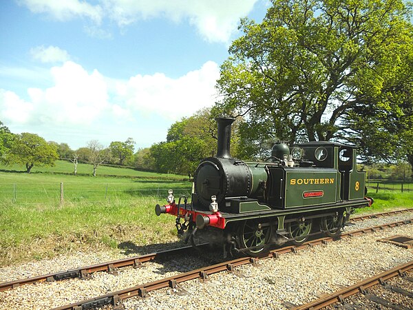 Southern Railway 0-6-0T Class A1X W8 'Freshwater' runs round the train at Wootton on the Isle of Wight Steam Railway.