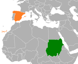 Mapa označující umístění Španělska a Súdánu