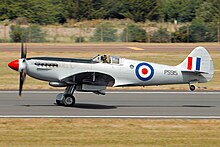 PS915 taking off at RIAT 2018. Spitfire - RIAT 2018 (30793041268).jpg