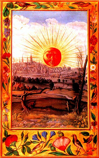 The red sun rising over the city, the final illustration of 16th-century alchemical text, Splendor Solis. The word rubedo, meaning "redness", was adopted by alchemists and signalled alchemical success, and the end of the great work.