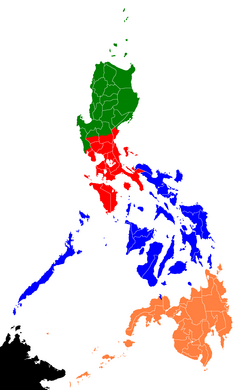 Map of the Philippines divided into the proposed super regions, except for the cyber corridor.
.mw-parser-output .legend{page-break-inside:avoid;break-inside:avoid-column}.mw-parser-output .legend-color{display:inline-block;min-width:1.25em;height:1.25em;line-height:1.25;margin:1px 0;text-align:center;border:1px solid black;background-color:transparent;color:black}.mw-parser-output .legend-text{}
North Luzon Agribusiness Quadrangle
Metro Luzon Urban Beltway
Central Philippines
Mindanao Super regions of the Philippines.PNG