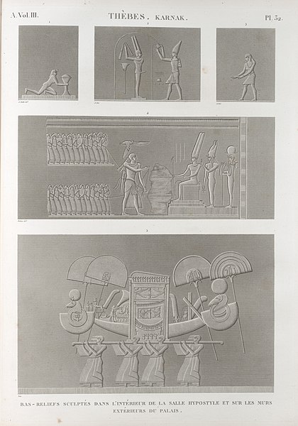 Pl.32 - Bas-reliefs sculptés dans l'intérieur de la salle hypostyle et sur les murs extérieurs du palais