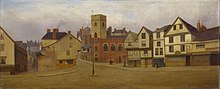 Oil painting showing the current location of the House that Moved in 1886, when the previous late Middle Ages building was still in-situ, prior to demolition in the 1940s The Church of St Mary Steps, Exeter.jpg