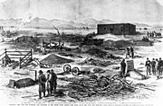 Illustration from Frank Leslie's Illustrated Newspaper, December 6, 1879, depicting the aftermath of the Meeker Massacre. Meeker's grave is at lower left; W. H. Post's grave is at lower right. The Meeker tragedy.jpg