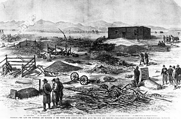 An 1879 illustrasjon som viser Meeker-massakre i Colorado