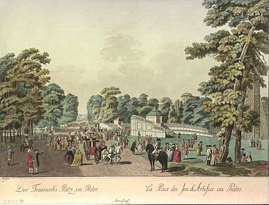 La Place des feux d'artifice dans le Prater, gravure sur cuivre coloriée, vers 1783.