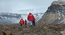Researchers scout out field sites in Antarctica's Beacon Valley, one of McMurdo Dry Valleys, is one of the most Mars-like places on Earth in terms of cold and dryness. Trek-browse.jpg