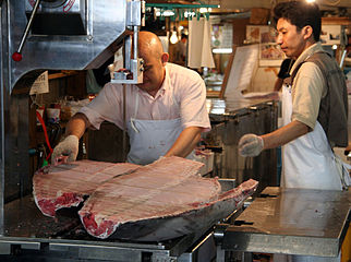 Tuna cut in half for processing at Tsukuji fish market