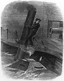 Unsuccessful attack on USS Octorara by the Confederate torpedo boat St. Patrick, 28 January 1865, in Mobile Bay, Alabama. USS Octorara incident.jpg