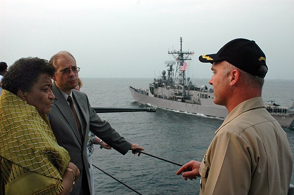 The newly elected president of Liberia, Ellen Johnson-Sirleaf, tours the U.S. Navy's Sixth Fleet command and control ship USS Mount Whitney (LCC 20) e