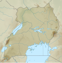 Mapa konturowa Ugandy, blisko prawej krawiędzi znajduje się czarny trójkącik z opisem „Kadam”