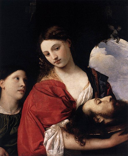 Salome with the Head of John the Baptist, c. 1515, or Judith; this religious work also functions as an idealized portrait of a beauty, a genre developed by Titian, supposedly often using Venetian courtesans as models. Galleria Doria Pamphilj, Rome.