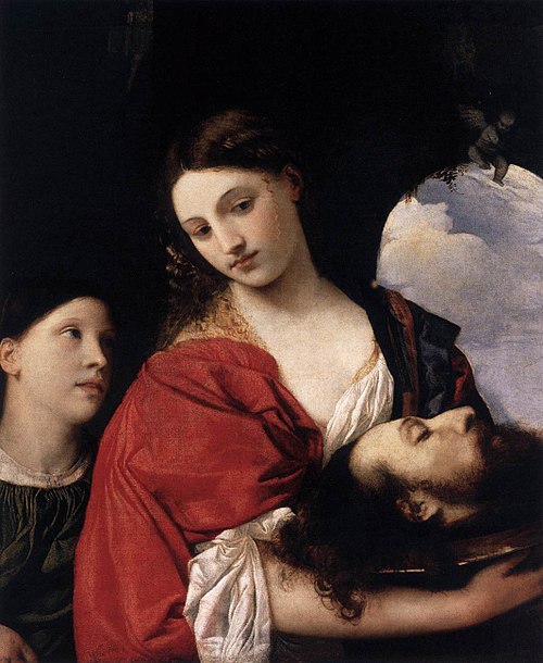 Titian, Salome with the Head of John the Baptist c. 1515; this religious work also functions as an idealized portrait of a beauty, a Venetian genre de