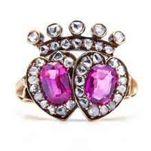 A typical Victorian engagement ring from the Aesthetic period Victorian, Aesthetic period, Burmese pink Sapphire, double heart, engagement ring.webp
