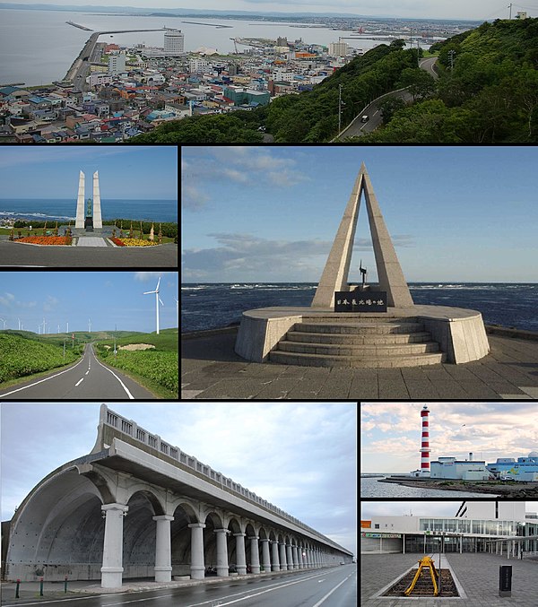 Clockwise from top: View of Wakkanai from Wakkanai Park, Cape Sōya monument, Wakkanai Lighthouse in Cape Nossapu, Wakkanai Train Station, North Breakw