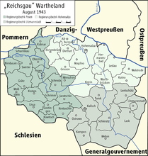 Wartheland.1943 Reichsgau Wartheland genoemd, dat gedeeltelijk overlapte met de voormalige provincie Posen en ook Poznań / Posen als hoofdstad had.