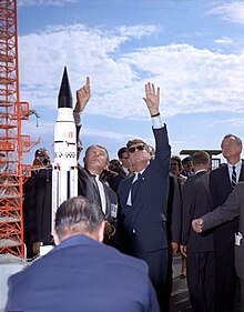 Wernher von Braun explains the Saturn system to President Kennedy during his tour at the Cape Canaveral Missile Test Annex. c. November 1963 Werner Von Braun and President John F. Kennedy at Cape Canaveral Missile Test Annex - 1963 - 63PC-0095.jpg