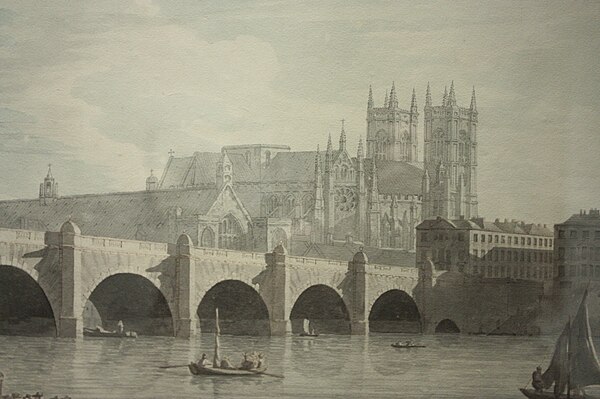 Westminster Bridge by Joseph Farrington, 1789 (the original bridge)