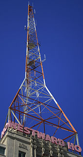 The mast atop the Westward Ho was built for and served as the first transmitter site of KPHO-TV. Westward Ho Tower.jpg