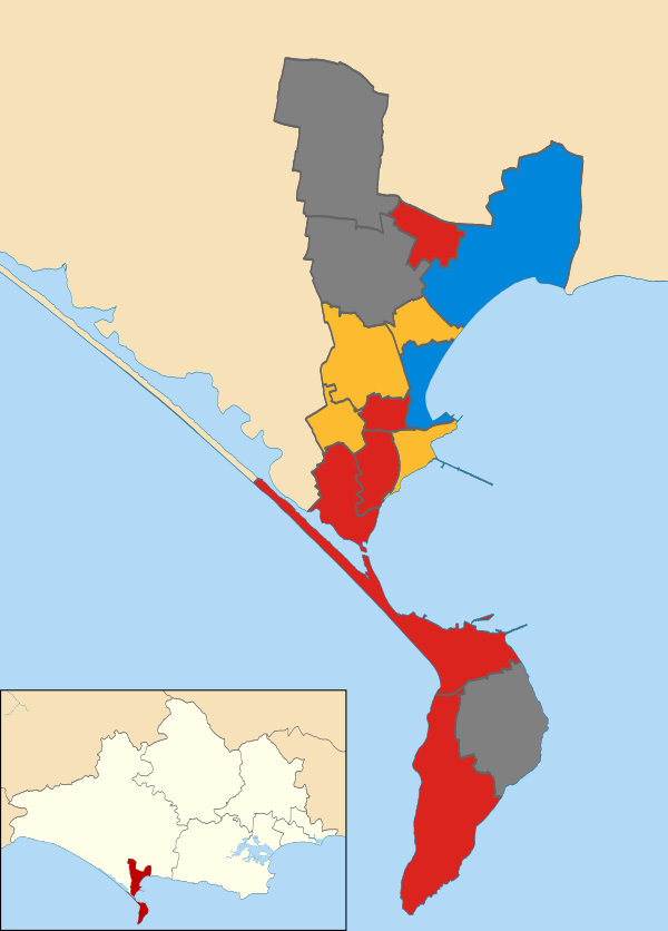 Map of the results of the 2012 Weymouth and Portland council election. Labour in red, Liberal Democrats in yellow and Conservatives in blue. Wards in grey were not contested in 2012.