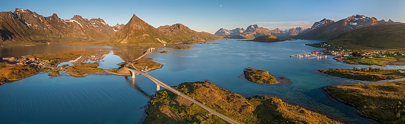 A wide view over Hovdanvika, Selfjorden and Torsfjorden at Fredvang in Flakstad, Nordland, Norway