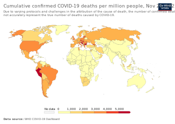 World map of total confirmed COVID-19 deaths per million people by country.svg