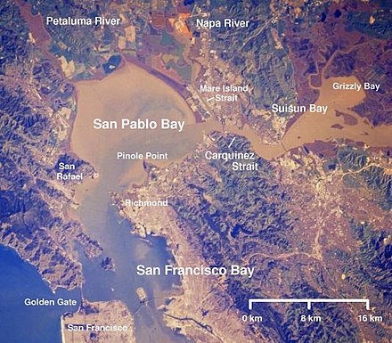 Annotated satellite image of the San Francisco Bay Area, featuring San Pablo Bay and the Carquinez Strait, 2004