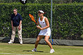 Xu Yifan competing in the second round of the 2015 Wimbledon Qualifying Tournament at the Bank of England Sports Grounds in Roehampton, England. The winners of three rounds of competition qualify for the main draw of Wimbledon the following week.