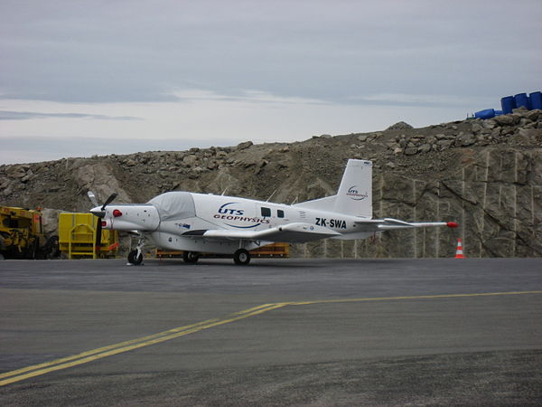 PAC-750 XL geosurvey aircraft with Magnetic anomaly detector (MAD) stinger in Upernavik, Greenland