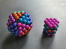 Two objects made of neodymium magnets. The right object has the close-packing of equal spheres. Zwei magnetkugelobjekte.jpg