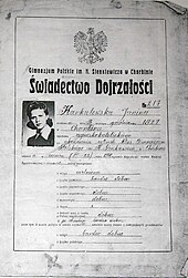 A 1946 matura certificate of the Polish Gymnasium in Harbin Swiadectwo maturalne.jpg