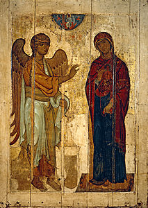 Ikona.  Anioł stoi po lewej stronie, przed Maryją.