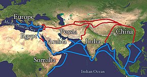 На карті зображено два шляхи один сухопутний (сухопутний міжконтинентальний Шовковий шлях, де торговці на цих маршрутах були залучені в «релейний торгівлю», при якій товари багато разів переходили з рук в руки, перш ніж досягли кінцевого пункту призначення») інший морський, що поєднував ділянку історичного Шовкового шляху, який з'єднує Китай з Південно-Східною Азією, Індонезійським архіпелагом, Індійським субконтинентом, Аравійським півостровом, аж до Єгипту і, нарешті, Європи. На сьогодні торговий шлях продовжує існувати під новою назвою "Новий Шовковий шлях". Він має також два направлення (морський та сухопутний). В свою чергу має  кілька проектів з розширення транспортної інфраструктури в районі історичних торгових шляхів. Найбільш відомою, ймовірно, є Китайська ініціатива «Один пояс, один шлях».
