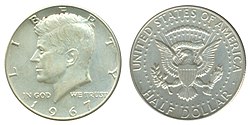 Полдоллара 1967 г. c изображением Кеннеди. Серебро