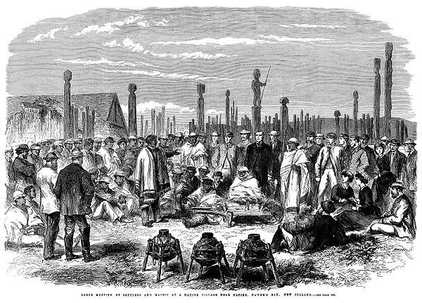 A meeting of European and Māori residents of Hawke's Bay Province. Engraving, 1863.