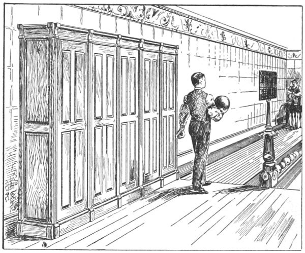 An 1895 advertisement for bowling lockers (price: $6.00 each section) suggests the attire and facilities used by bowlers of the era.