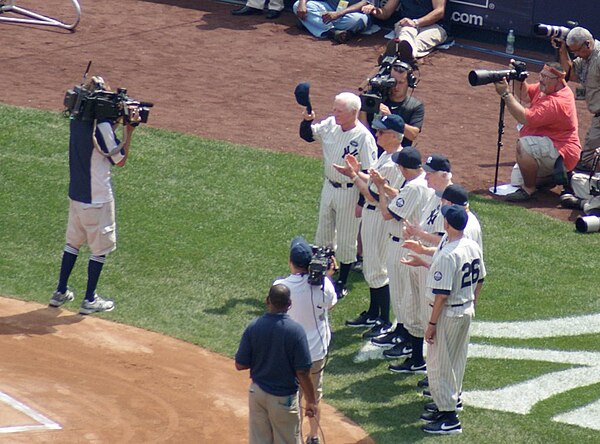 Members of the 1950 New York Yankees being honored at the 2010 Old Timers' Day