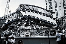 Apartment Complex Pino Suarez, in the wake of the earthquake. 1985 Mexico Earthquake - Pina Suarez Apartment Complex.jpg