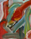 1993 title: 'Time of Lazy Joy' - a small abstract acrylic painting on canvas with diagonal forms and brush strokes, made by Dutch artist Fons Heijnsbroek; free download art image, CCO