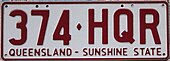Queensland number plate 2002 Queensland registration plate 374HQR Sunshine State.jpg