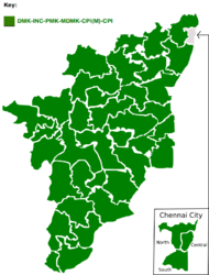 2004: Newly formed alliance DPA, which includes INC alliance (DMK, PMK, MDMK) and Left Front swept the state winning all 39 seats. UPA wins the election nationally and DMK-PMK-MDMK was part of the INC government under Manmohan Singh, while the Left Front (CPI & CPI(M)) gave outside support.