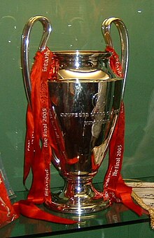 The UEFA champions League won by Liverpool in 2005 on display in the club's museum.