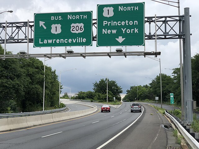 Image: 2020 07 24 12 22 04 View north along U.S. Route 1 (Trenton Freeway) at the exit for U.S. Route 1 Business and U.S. Route 206 NORTH (Lawrencevil