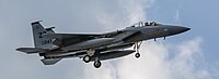 A US Air Force F-15D Eagle, tail number 83-0047, on final approach at Kadena Air Base in Okinawa, Japan.